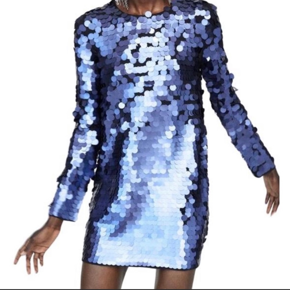 Limited Edition Zara blue disco sequin long sleeve mini dress Small